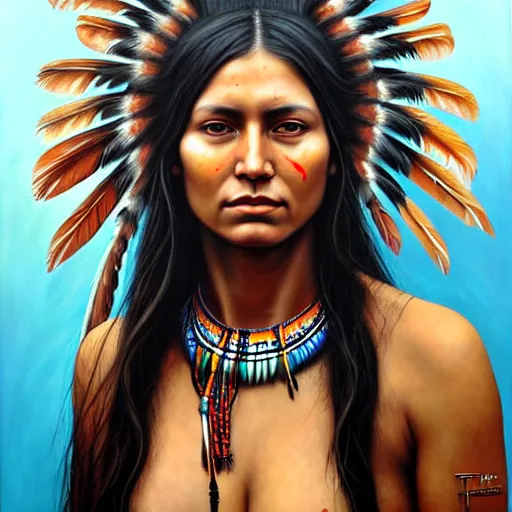 Prompt: portrait of a young beautiful native american woman, nature elements, waterfalls, painting, by dimitra milan, by tim okamura.
