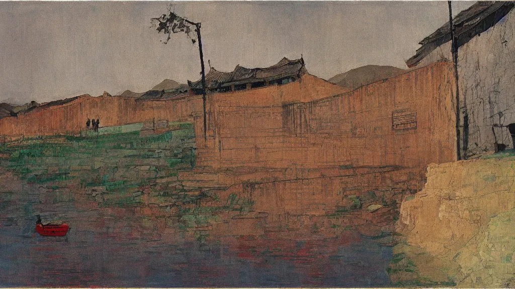 Image similar to a chinese prison near a river by peter doig, muted colors