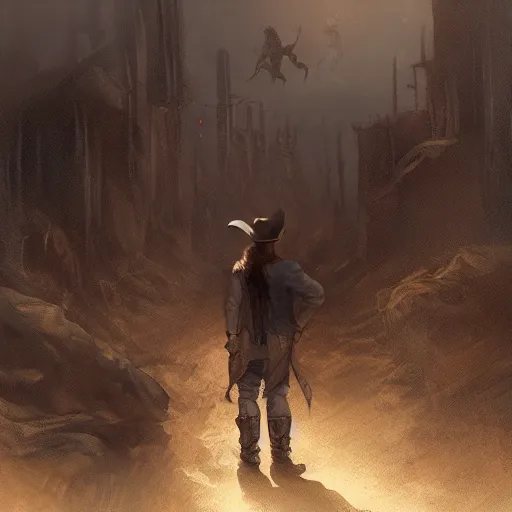 Prompt: Nicholas, the cowboy in the weird west, long dark hair, facial hair, long coat, grey horse, riding in the town of Doom, demons waiting in the background, by Shaddy Safadi, dark fantasy, digital art, high detailed, artstation,