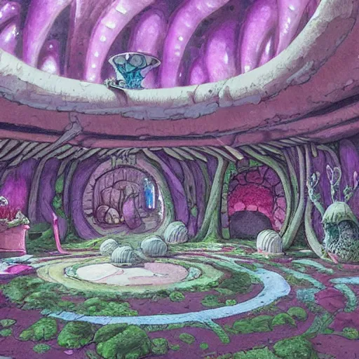 Image similar to concept art painting of a interior of a circular alien fairytale fantasy fungus house made of mushrooms, realistic, detailed, cel shaded, magenta and gray, dark, in the style of makoto shinkai and greg rutkowski and james gurney