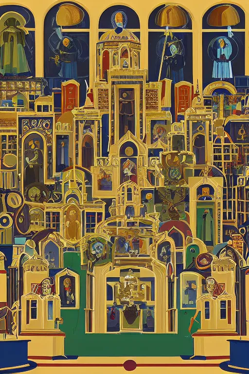 Image similar to scene from wes anderson orthodox cathedral building with mecha robots icons by helen lundeberg