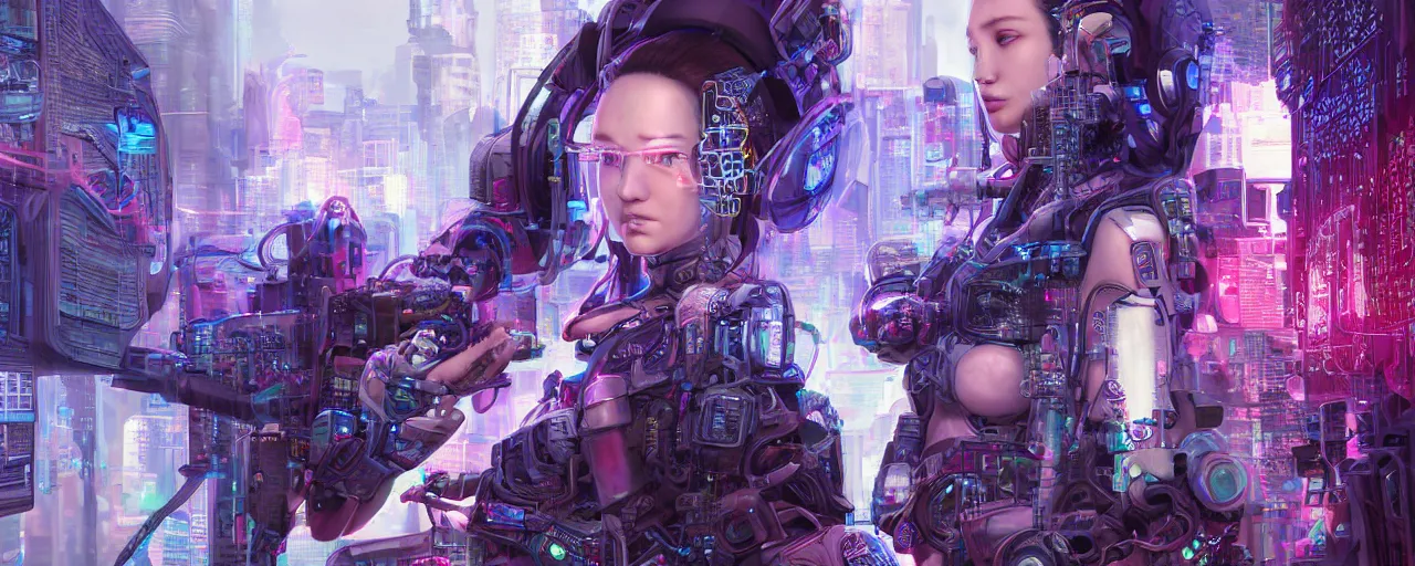 Image similar to portrait of a cyberpunk sci-fi artificual intelligence machine, third person, D&D, sci-fi fantasy, intricate, hologram colors , highly detailed, art by Range Murata, highly detailed, isometric 3d, octane render, bright colors, digital painting, trending on artstation, sharp focus, illustration style of Stanley Artgerm,