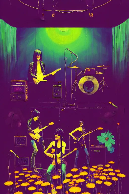 Image similar to the velvet underground and nico playing live on stage at a night club, beautiful stage decoration with flowers in the background, painting by simon stalenhag, very detailed and colorful and toned down and ornamental and moody and cool and relaxed and high on drugs, trending on artstation, behance contest winner