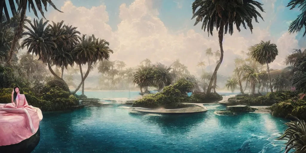 Image similar to greg rutkowski masterpiece, hyperrealistic surrealism, award winning masterpiece with incredible details, epic stunning, infinity pool, a surreal vaporwave liminal space, highly detailed, trending on ArtStation, calming, meditative, pink arches, flowing silk sheets, palm trees, very vaporwave, very very surreal, sharp details, dreamscape