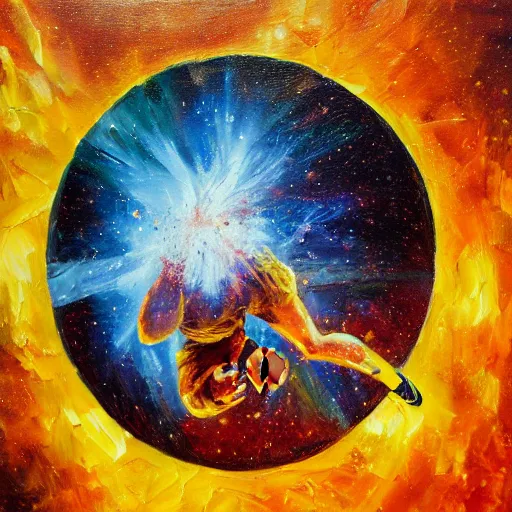 Prompt: An expressive oil painting of a basketball player dunking, depicted as an explosion of a nebula, dramatic, award-winning