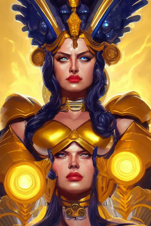 Image similar to The Godess Hera looking angry, radiating a glowing aura, detailed armor, portrait, highly detailed, digital painting, artstation, concept art, smooth, sharp focus, beautiful face, symmetric face, enchanted, official fanart, behance, HD, blue and yellow theme, by Jesper Ejsing