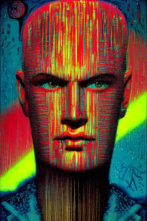 Image similar to 8 0 s art deco close up portait of max headroom, rain like a dream oil painting curvalinear clothing cinematic dramatic cyberpunk textural fluid lines otherworldly vaporwave interesting details fantasy lut epic composition by basquiat zdzisław beksinski james jean artgerm rutkowski moebius francis bacon gustav klimt