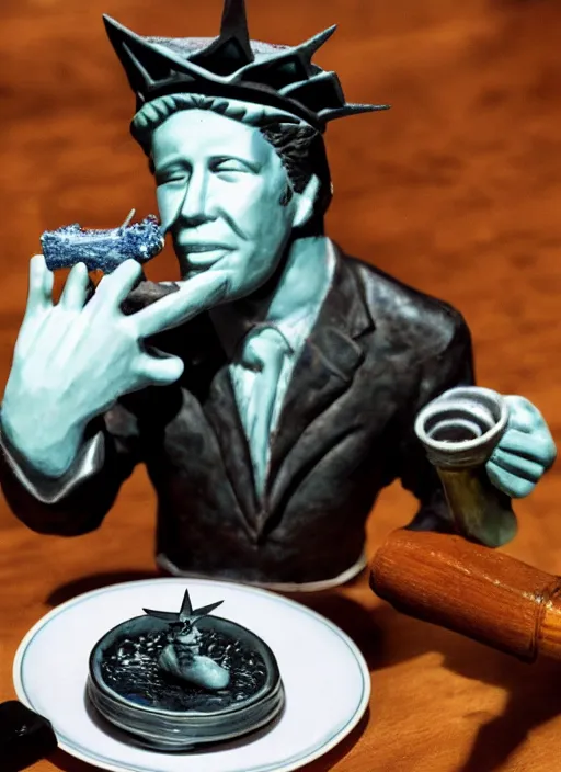 Image similar to Tom Waits eating a miniature Statue of Liberty on a plate in a restaurant, color photograph portrait 4k