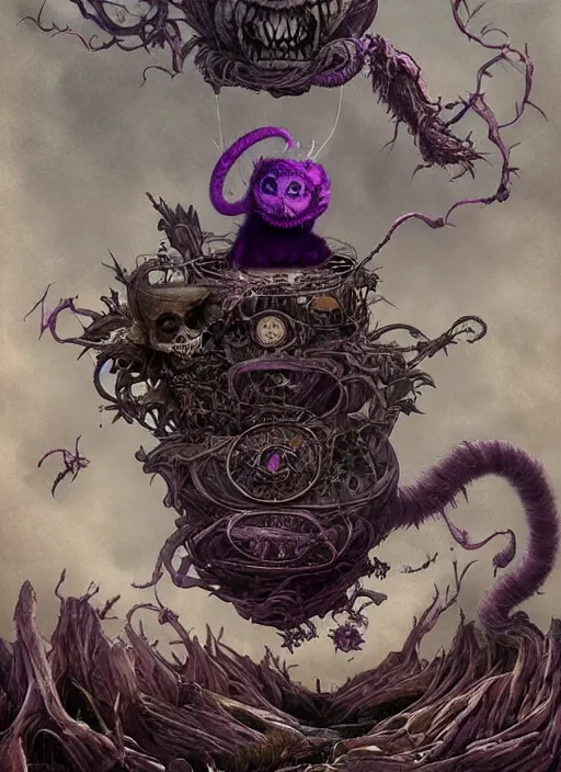 Image similar to Happy Cheshire Cat brewing tea, Death Tarot card,highly detailed,half skull face,cinematic,8k,by Stanley Artgermm,Tom Bagshaw,Greg Rutkowski,Carne Griffiths, Ayami Kojima, Beksinski, Giger,trending on DeviantArt,hyper detailed,horror, full of colour