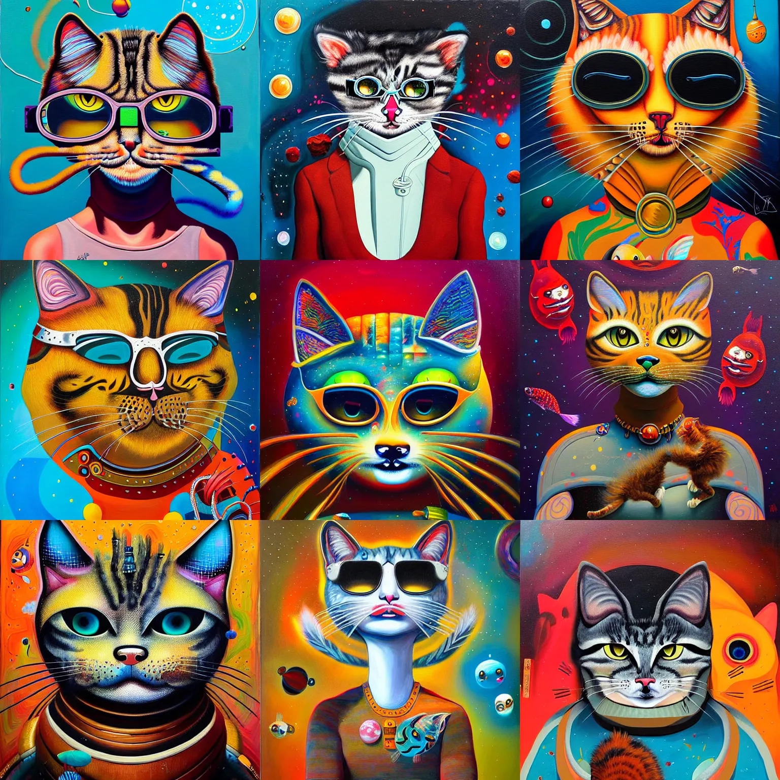 Prompt: anthropomorphic space cat painting by andrei riabovitchev, tara mcpherson, david choe, decorative fishes, detailed painterly impasto brushwork