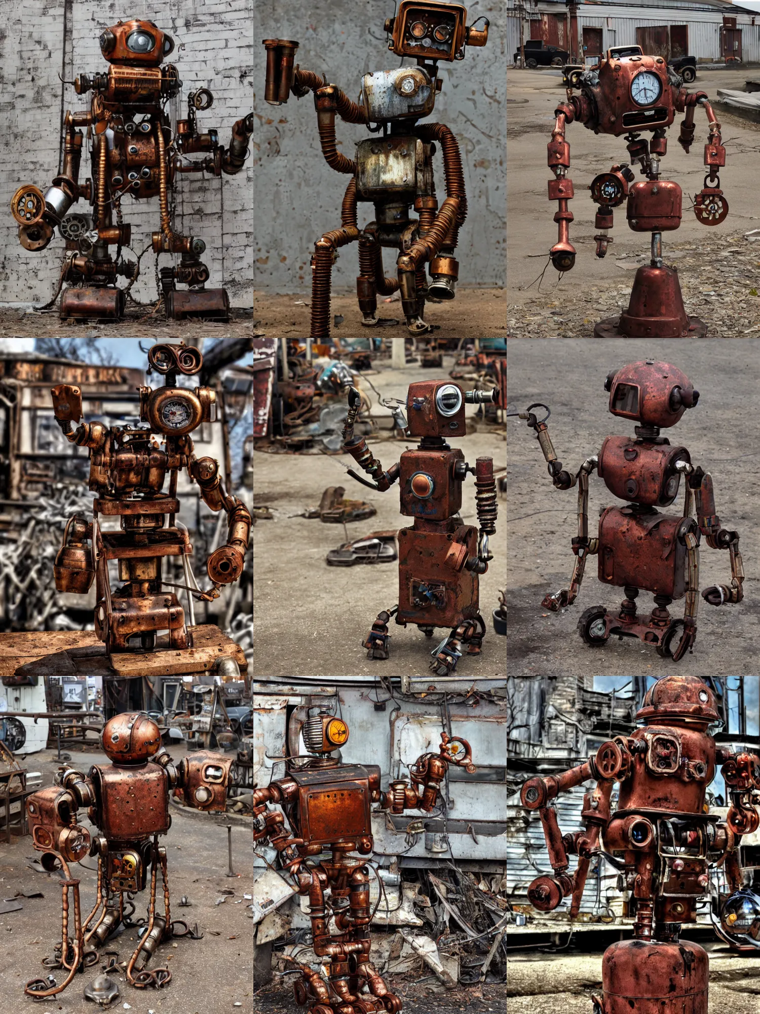 Prompt: a rusted steampunk law - enfoncer robot, junkyard