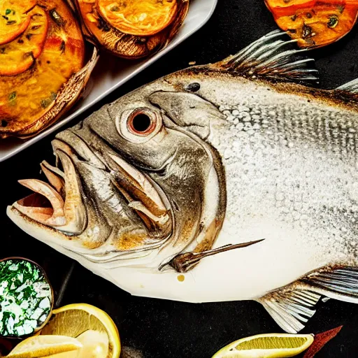 Image similar to baked giant fish head, realistic, sharp focus, 8 k high definition, insanely detailed, intricate, elegant, food photography