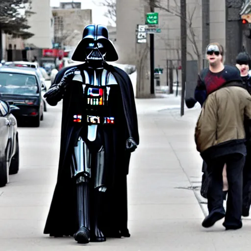 Image similar to darth vader waling on the streets of winnipeg