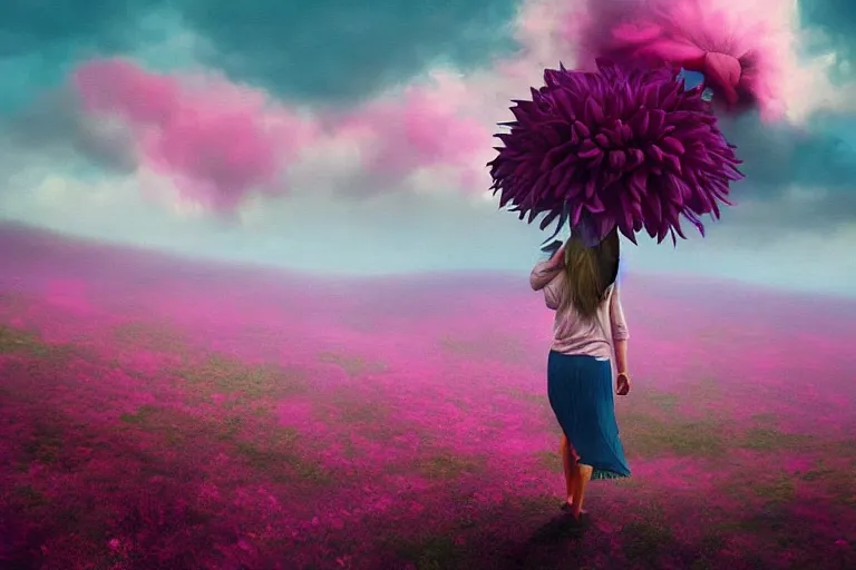 Image similar to giant dahlia flower under head, girl walking on mountain, surreal photography, pink storm clouds, dramatic light, impressionist painting, digital painting, artstation, simon stalenhag