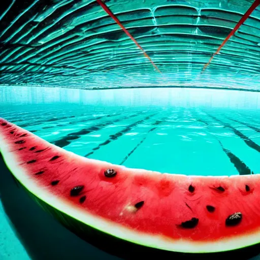 Prompt: a wide view under water in a big swimming pool of a watermelon floating on the surface