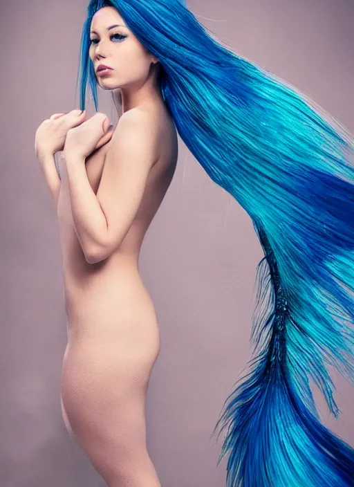 Image similar to hyper realistic fashion photography of a beautiful mermaid with a beautiful blue tail