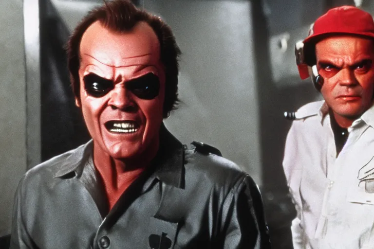 Image similar to Jack Nicholson in costume of Pikachu Terminator scene where his endoskeleton gets exposed and his eye glow red still from the film