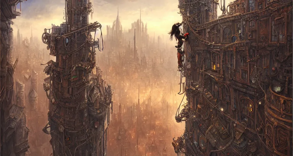 Image similar to landscape painting of fantasy metal steampunk city with walkways and lit windows and a hooded thief in browns leathers climbing one of the tall buildings using a rope, fine details, magali villeneuve, artgerm, rutkowski