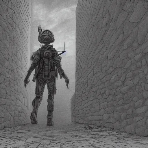 Image similar to pencil art, close up shot, realistic, cinematic, hyper detailed, smooth, soldier hiding behind wall, aliens walking in the background.