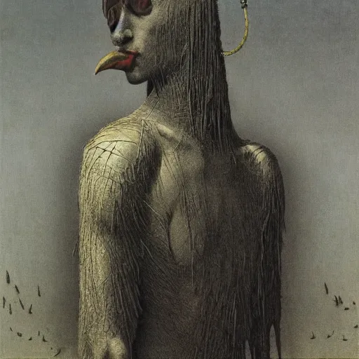 Image similar to Feathers Eyes Beak beak neck Exterior Desert Oasis dessicated physique demonic crow wearing a man costume whilst wearing chains leg irons giorgio de chirico Jan Van eyck bastien lecouffe-deharme zdizlaw beksinski odd nerdrum dragan bibin john steuart curry dan witz