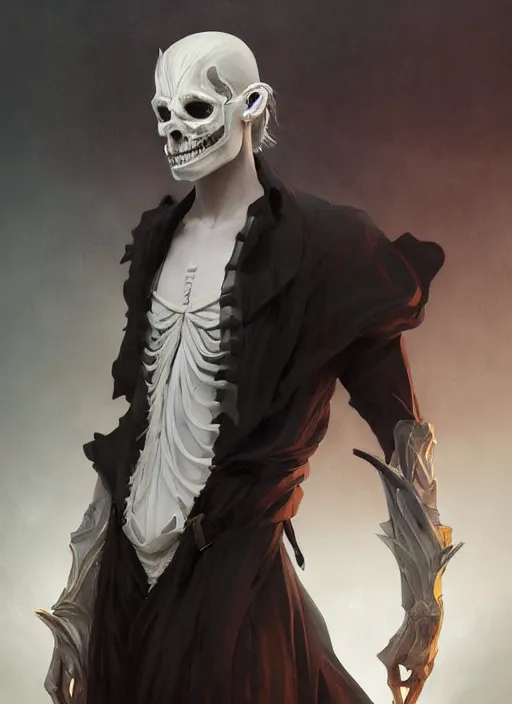 Prompt: character concept portrait of an attractive young smirking Spanish wizard with pale white skin and wearing parital skeleton mask while enchanting a dark seduction spell, a floating burning spell book in the center, intricate, elegant, digital painting, concept art, smooth, sharp focus, illustration, from Metal Gear, by Ruan Jia and Mandy Jurgens and William-Adolphe Bouguereau, Artgerm