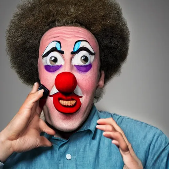 Image similar to sad clown holding a phone with the twitter logo on it