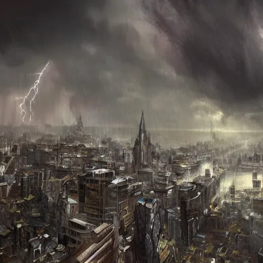 Prompt: enormous creature towering over a city during a thunderstorm, concept art