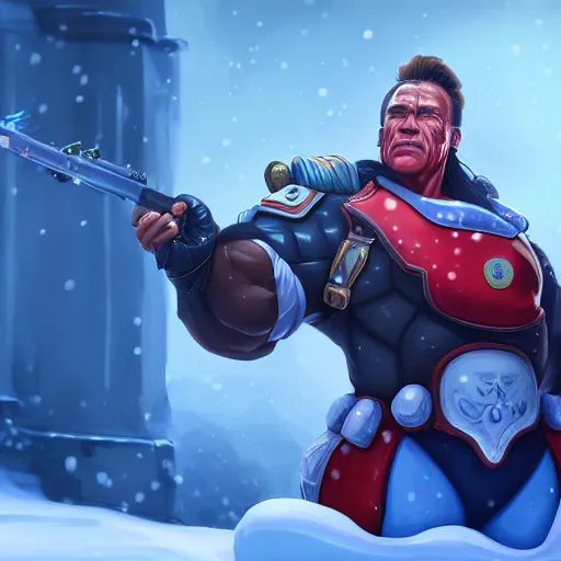 Image similar to a screenshot of arnold schwarzenegger as mei in the snow shooting frost gun in overwatch, portrait, fantasy, beautiful face, vivid colors, elegant, concept art, sharp focus, digital art, hyper - realistic, 4 k, unreal engine, highly detailed, hd, dramatic lighting by brom, trending on artstation