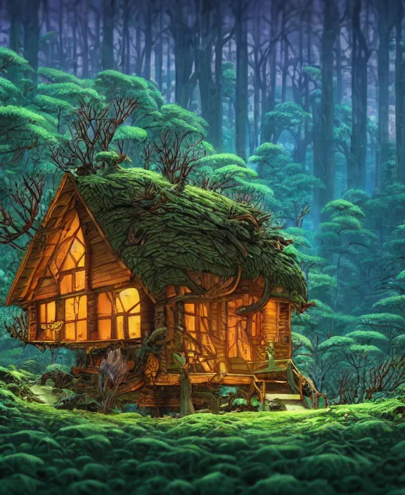 Image similar to a whimsical cabin made from exotic fungus, overgrown with huge rare fungus, deep in the woods, by dan mumford, yusuke murata, makoto shinkai, ross tran, underwater, hellish, cinematic, unreal engine, cel shaded, featured on artstation, pixiv