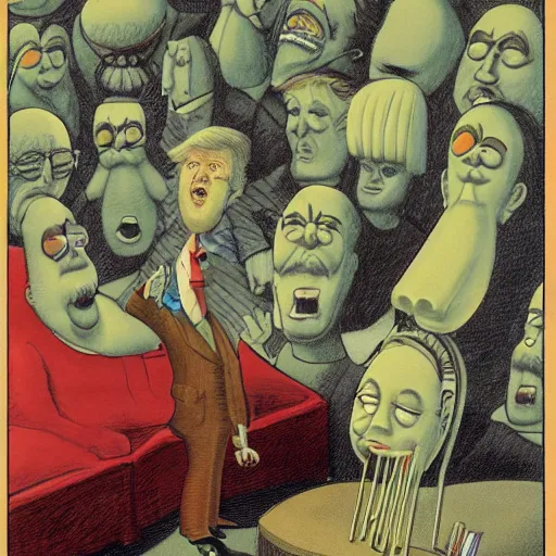 Prompt: donald trump closing the art of the deam, art by charles samuel addams, trending on artstation, dramatic lime lighting top view fantastic planet, holography, avant - garde, 3 d render, existentialism