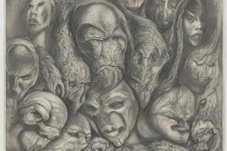 Image similar to portrait mezzotint of a group of mythical monsters and beasts in a squishy style