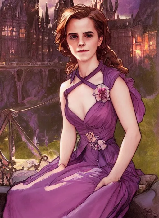 Image similar to emma watson at hogwarts!! at the yule ball wearing elegant pink and purple dress. beautiful detailed face. by artgerm and greg rutkowski and alphonse mucha