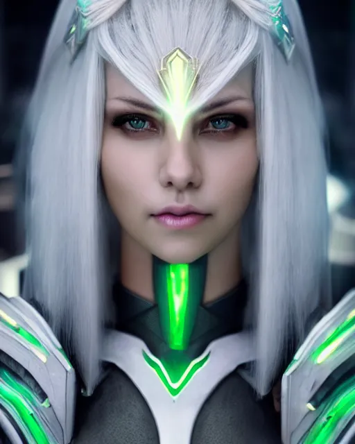 Image similar to perfect white haired attractive egyptian goddess, warframe armor, beautiful, symmetric, dreamy, half asian, pretty face, green eyes, charlize theron, detailed, scifi platform, laboratory, experiment, 4 k, ultra realistic, epic lighting, android body, illuminated, cinematic, masterpiece, art by akihito tsukushi, voidstar