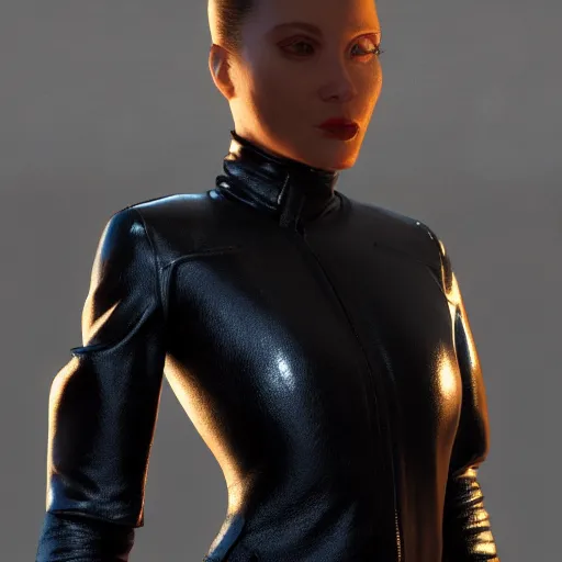 Image similar to a 3 d render of a female wearing a skintight leather jacket, trending on artstation, artstationhd, artstationhq, full body shot, cycles render, octane render, unreal engine, detailed body, detailed face, artwork by tooth wu and wlop and beeple and greg rutkowski
