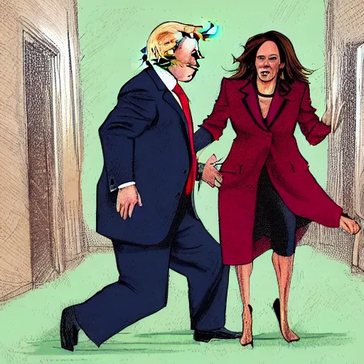 Image similar to an ultra detailed picture portrait of Donald Trump kicking Joe Biden and Kamala Harris out of the white house 8k, photorealistic, Smooth,