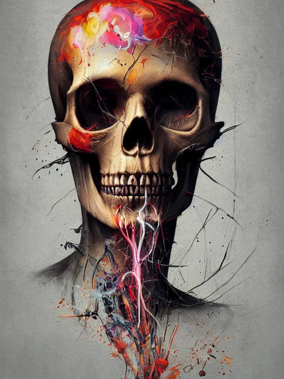 Image similar to art portrait of a skull, smoking,8k,by tristan eaton,Stanley Artgermm,Tom Bagshaw,Greg Rutkowski,Carne Griffiths,trending on DeviantArt,face enhance,hyper detailed,minimalist,cybernetic, android, blade runner,full of colour,