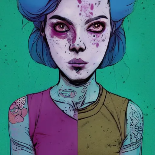 Image similar to Highly detailed portrait of pretty punk zombie young lady with, freckles and beautiful hair by Atey Ghailan, by Loish, by Bryan Lee O'Malley, by Cliff Chiang, inspired by image comics, inspired by graphic novel cover art, inspired by izombie !! Gradient blue and yellow color scheme ((grafitti tag brick wall background)), trending on artstation