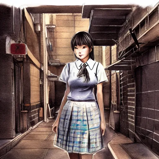 Image similar to a perfect, realistic professional digital sketch of a Japanese schoolgirl posing in a sci-fi alleyway, style of Marvel, full length, by pen and watercolor, by a professional American senior artist on ArtStation, a high-quality hollywood-style sketch, on high-quality paper