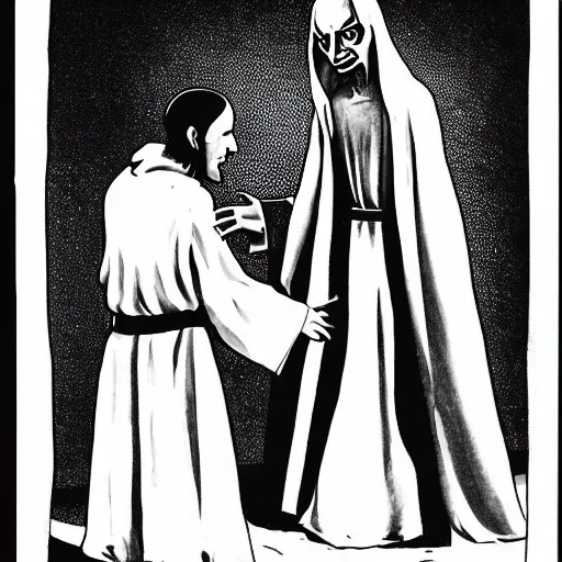 Image similar to jesus in white robes is standing behind nosferatu, about to sink his sharp teeth into nosferatu's neck. nosferatu has a halo over his head