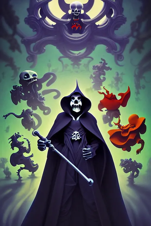 Image similar to video game cover, disney cute grim reaper dressed with a cape surrounded by demons, intricate baroque style. by martin johnson head, by david caspar friedrich, by mike mignola, by goro fujita, by octavio ocampo, masterpiece. intricate artwork, symmetrical artwork, cinematic, pixar studio, smooth gradients, full body character.