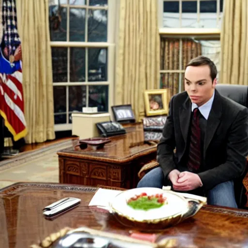 sheldon cooper eating a raw steak in the oval office | Stable Diffusion |  OpenArt