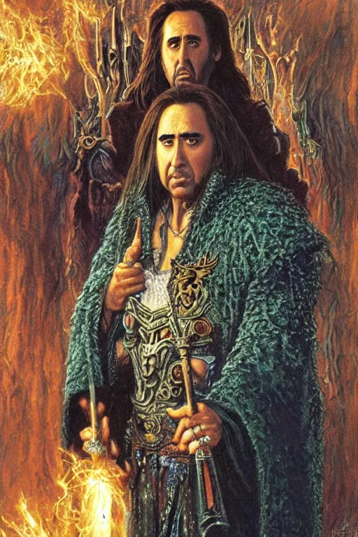 Image similar to Nicolas Cage as wizard, fantasy, intricate, highly detailed, illustration by ken kelly