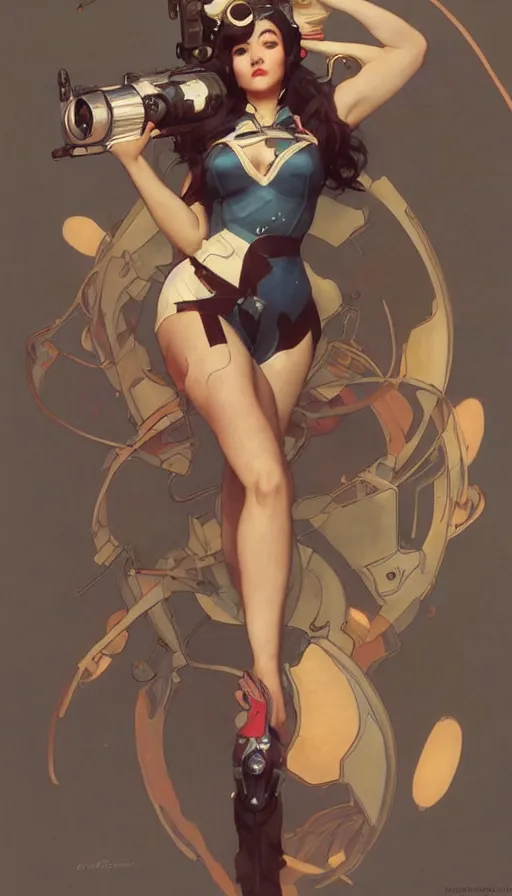 Image similar to d. va in a cute pinup pose by artgerm, greg rutkowski and alphonse mucha, concept art, matte, intricate, full body, epic composition