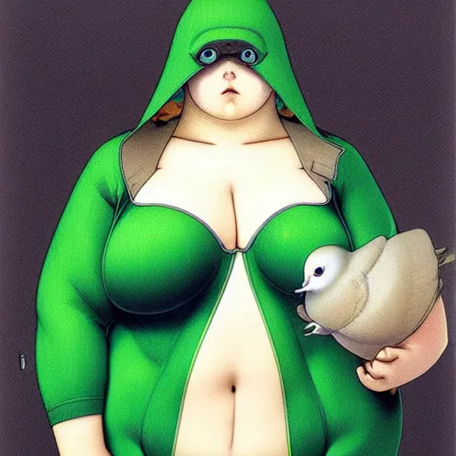 Image similar to a fat male pigeon in a green onepiece body suit, by Range Murata and Mucha