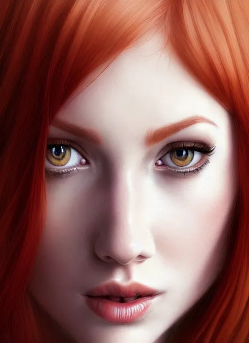 Prompt: portrait photo of a gorgeous young redhead woman with cat eyes in the style of stefan kostic, realistic, sharp focus, 8k high definition, insanely detailed, intricate, elegant, art by stanley lau and artgerm