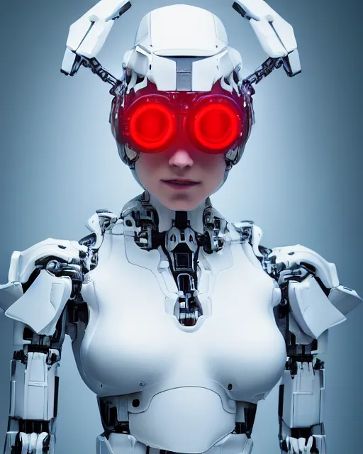 Image similar to centered portrait photo by bouguereau of female dancer as a cyberpunk mecha humanoid robotic parts wearing goggles with led lights, inside white room, ultra - realistic and detailed, 8 k