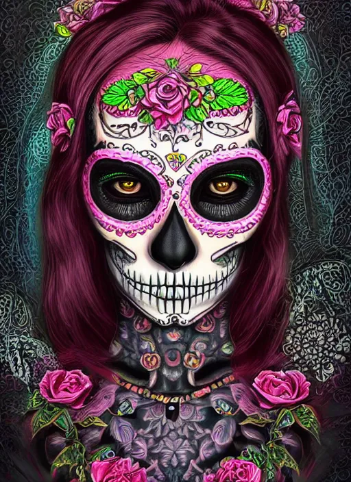 Image similar to portrait of a sugar skull, neon eyes, intricate, highly detailed, smooth, digital illustration, artstation, the dark and quirky art of scott radke