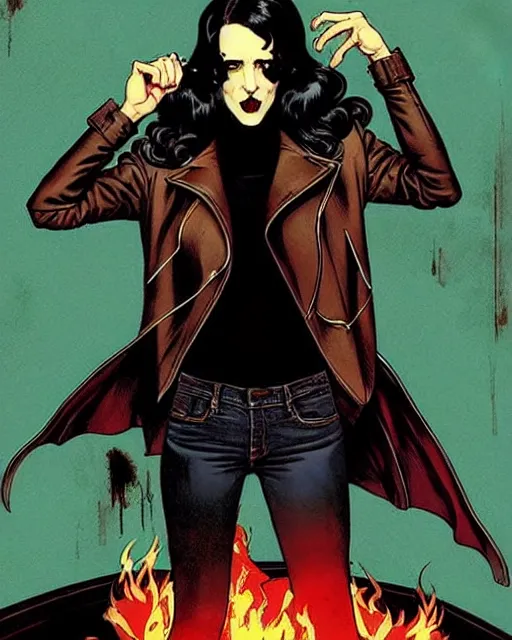 Image similar to Rafael Albuquerque comic cover art, Norman Rockwell, Joshua Middleton, pretty Eva Green vampire, sharp vampire teeth, sarcastic smile, symmetrical eyes, symmetrical face, brown leather jacket, jeans, long black hair, full body, building on fire, cool colors