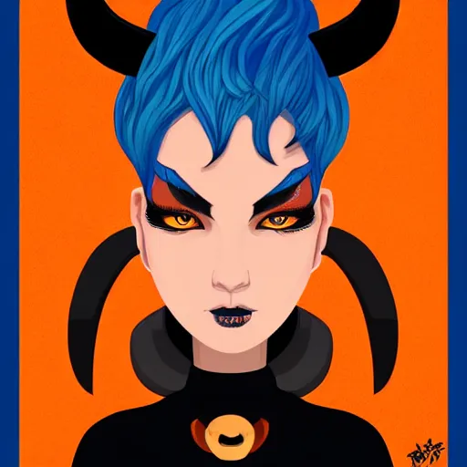 Image similar to illustrated portrait of ram-horned devil woman with blue bob hairstyle and colored orange skin tone and with solid black eyes and black sclera wearing leather by rossdraws