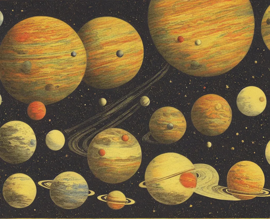 Image similar to color lithograph the solar system by adolphe millot, highly detailed